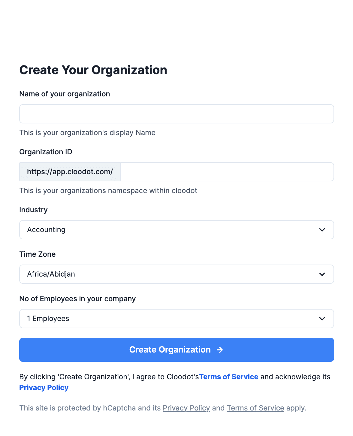 Organisation creation screen