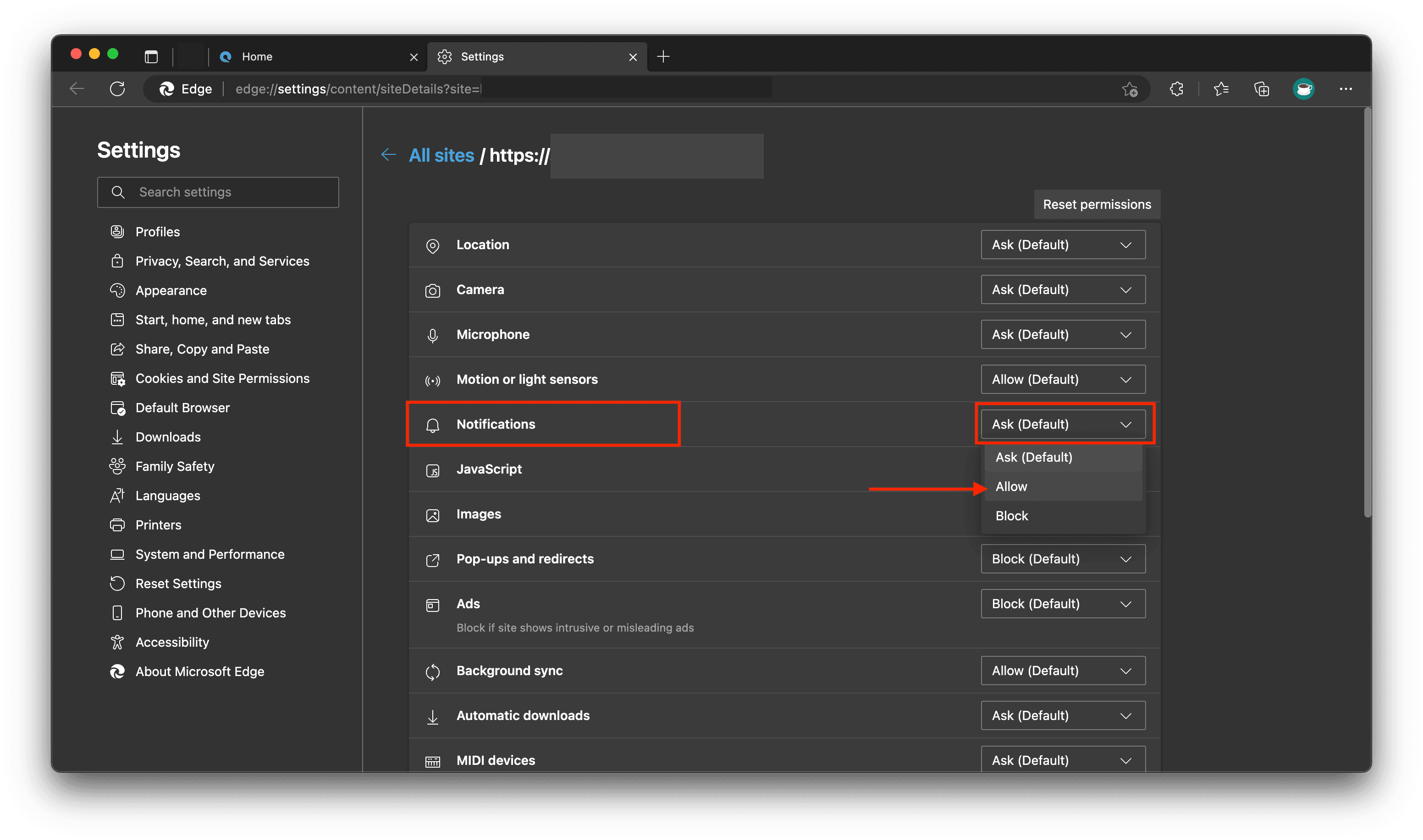 In browser website settings
