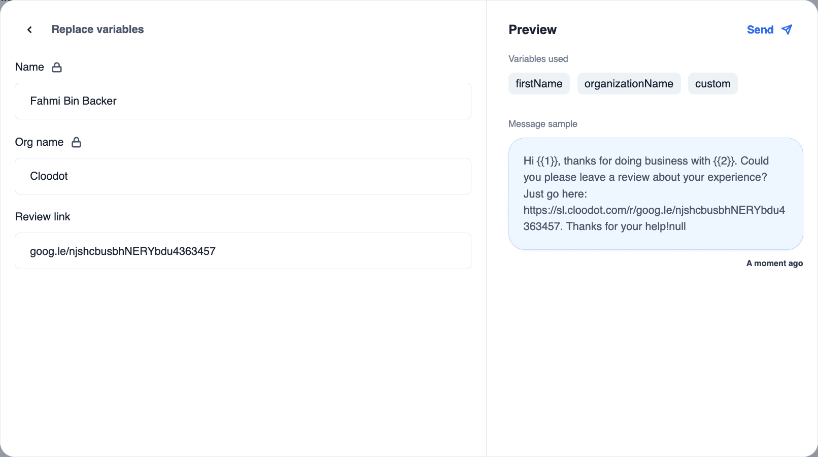 Variables insertion facility for WhatsApp templates